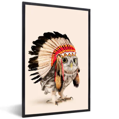 Produktbild von MuchoWow® Gerahmtes Poster Eule - Indianer - Federn - Tiere 40x60 cm - Poster mit Schwarzem Bilderrahmen Wandposter Rahmen Foto Bilder - Papierdruck - Wandbilder