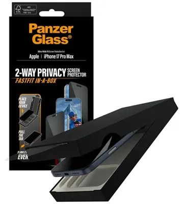 Produktbild von PanzerGlass ® 2-Way Privacy Displayschutz iPhone 17 Pro Max | Ultra-Wide Fit m. Fastfit in-a-box, Apple, Apple - iPhone 17 Pro Max, Trockene Anwendung, Kratzresistent, Schockresistent, Transparent, 1 Stück(e)