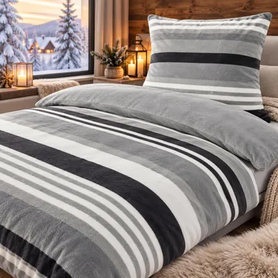 Produktbild von Bettwäsche Winter Flausch Cashmere Touch Uni Wende warm 2 teilig 135x200 mit RV Farbe Streifen Grau, KI-generiertes Bild