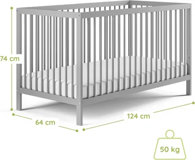 Produktbild von Babybett Kinderbett Gitterbett 60x120 & 70x140 cm höhenverstellbarer Lattenrost & herausnehmbare Sprossen stabiles Buchenholz | ab Geburt bis zum 3. Lebensjahr EU | grau