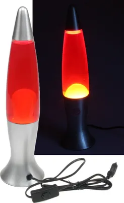 A lava lamp is shown in two different lighting conditions, with its power cord and switch in the foreground.