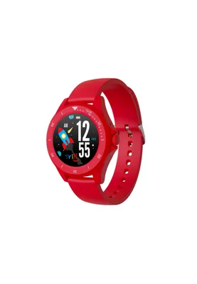 A red smartwatch with a colorful digital display showing a rocket and the time.
