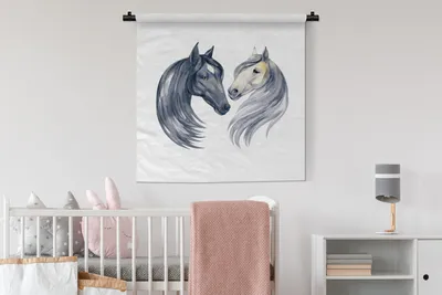Produktbild von MuchoWow® Wandteppich Wandbehang Pferde - Aquarell - Weiß - Mädchen - Kinder - Mädchen 90x90 cm Tapisserie Dekoration Wandtuch - Wandaufhänger