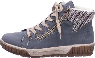 A side view of a blue Rieker boot.