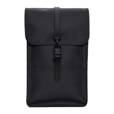 A studio shot of a black backpack against a white background.