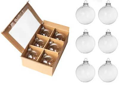 A box of six clear glass Christmas ornaments is shown, with individual ornaments also displayed to the right of the box.