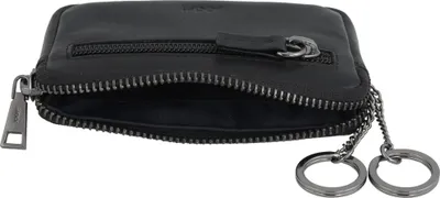 A black leather key case with zippers and keychains is shown against a white background.