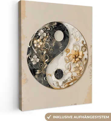 Obrázok produktu pre MuchoWow® - Plátno - Yin Yang - Kvety - Čierna - Biela - Vintage, nástenná maľba, nástenné dekorácie obrazy obývacia izba, 60x80cm