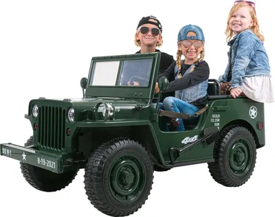 Produktbild von Actionbikes Motors Kinder Elektro Auto Jeep Willys | 3 Gurte - Allrad Antrieb - Dreisitzer - Fernbedienung - Federung - LED - Hupe - Geländefahrzeug
