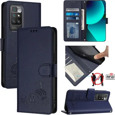 Produktbild von Leder Hülle für Xiaomi Redmi 10 Süße Katze Flip Case Brieftasche Schutzhülle mit Standfunktion Blau