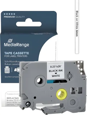 Image de MediaRange MRBTZ211 Ruban d'impression MediaRange MRBTZ211, compatible avec Brother TZ-211/TZe-211, 6 mm, noir sur blanc, 1 pièce