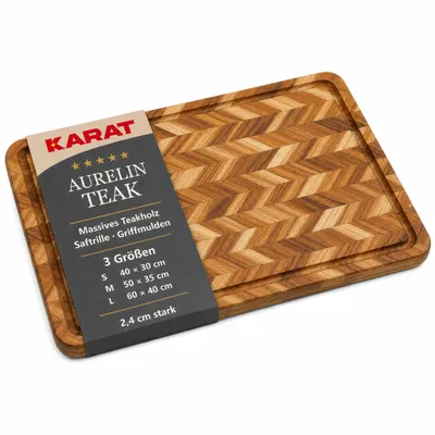 Productafbeelding van Snijplank Aurelin Teak, visgraatmotief, gemaakt van massief teak hout met opvangrand. Afmetingen: 50 x 35 x 2,4 cm