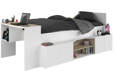 Produktbild von Clio Kinderbett 90x200 mit Stauraum und Schreibtisch - weiß/Eiche Nachbildung