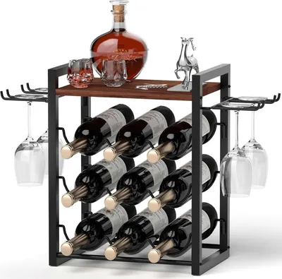 Produktbild von Weinregal mit Glashalter - Metallrahmen - Holzschublade - Wohnkultur - Küchenaufbewahrung