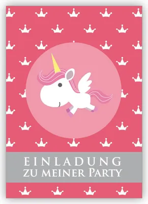 Produktbild von Süße rosa Einladungskarte für kleine Prinzessinnen mit Einhorn und Kronen: Einladung zu meiner Party