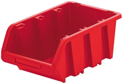 A red storage bin is shown from a diagonal angle against a white background.