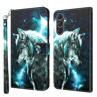 Produktbild von CLM-Tech Handyhülle kompatibel mit Samsung Galaxy A17 5G Hülle - Tasche aus Kunstleder - Klapphülle mit Ständer und Kartenfächern - Schutzhülle Wallet Case Cover Wolf blau schwarz