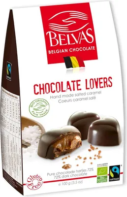 Produktbild von BELGISCHE PRALINEN IN HERZFORM MIT KARAMELL UND MEERSALZ – FAIRTRADE, GLUTENFREI, , 100 g – BELVAS