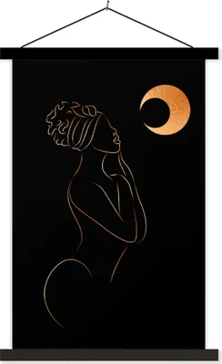 Produktbild von MuchoWow® Textilposter Frau - Mond - Gold - Strichzeichnung 40x60 cm mit schwarzem Rahmen - Wanddekorationen
