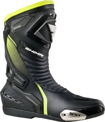 A single black and yellow motorcycle boot is shown against a white background.