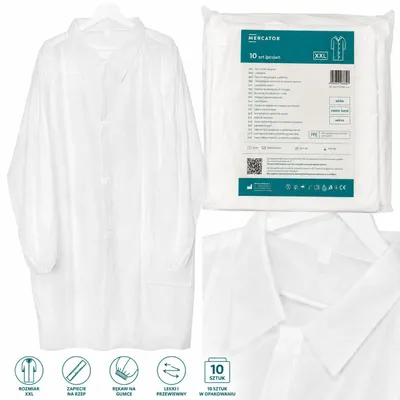 Obrázok produktu pre Jednorazové ochranné oblečenie Mercator, biela farba, 10 kusov. Ochranný laboratórny plášť, productTiles.product.images.aiGenerated