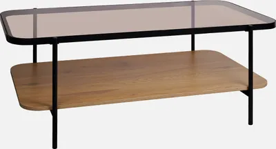 A two-tiered coffee table with a black metal frame, a smoked glass top, and a wooden shelf.