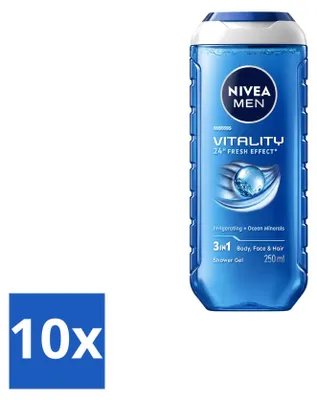 Imagen del producto de 10 unidades de gel de ducha Nivea Men Vitality 3 en 1 - 250 ml - Paquete económico - 10 piezas