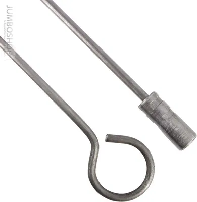 Two metal rods, one with a loop at the end and the other with a crimped end, are shown against a white background.