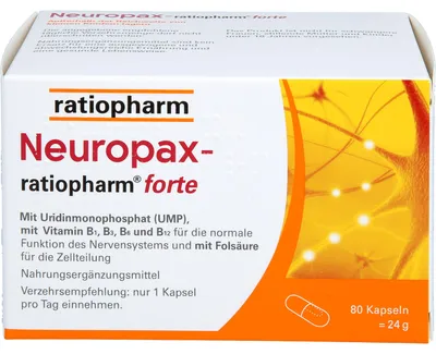 Image de Neuropax-ratiopharm forte gélules avec uridine monophosphate (UMP), vitamine B12 et acide folique pour soutenir la régénération nerveuse, 80 gélules