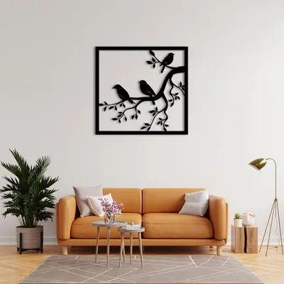 Produktbild von Modernes Vogel-Wandbild, schwarzer Metall-Baumzweig-Silhouette, quadratischer Rahmen, 3D Home Decor - Schwarz / (20" 19"/50X48CM)