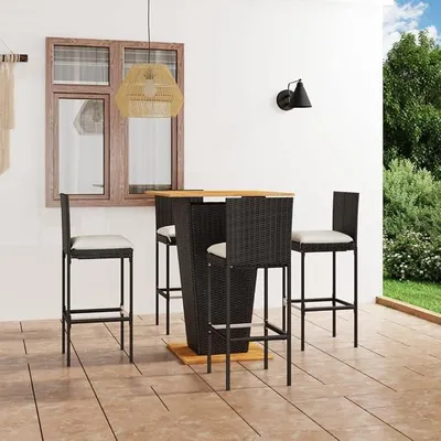 Produktbild von Gartentheke Barhocker Bar-Stuhl Bartisch Sitzgruppe Outdoor Terrassen Bar Set 5-TLG. Gartenbar-Set mit Kissen Poly Rattan Schwarz 80 cm Tischlänge