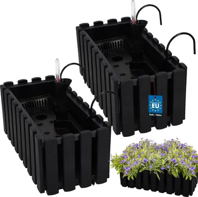 Obrázek produktu pro KOTARBAU® Sada 2 květinových truhlíků balkonový květináč samozavlažovací 38x18x16cm antracitový plastový květináč balkonové zábradlí zavlažovací systém držák na květináč velký venkovní květináč