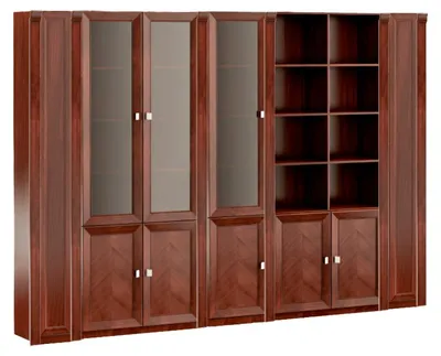 Productafbeelding van Luxe bruine kantoorkast, werkplek, stijlvolle houten meubels, planken