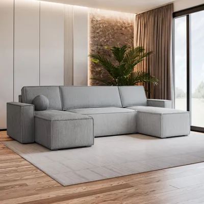 Produktbild von Masseno Ecksofa PESANO P mit Schlaffunktion U-Form, Sofa mit Bettkasten, Wohnzimmersofa, Couch, Soffa, Bettsofa, Couchgarnitur- Hellgrau, POSO 55