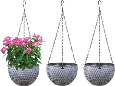 Produktbild von Hängende Blumentöpfe 3er Set, Selbstbewässerung Hängepflanztöpfe Mit Wasserspeicher & Ablaufloch Bienenwabe Blumenampel Mit Rostfrei Ketten, Dunkelgrau, L (Kaliber 25,5 cm)