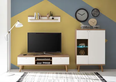 Produktbild von Wohnwand Merle 250cm eiche riviera / weiß matt Wohnzimmer Anbauwand