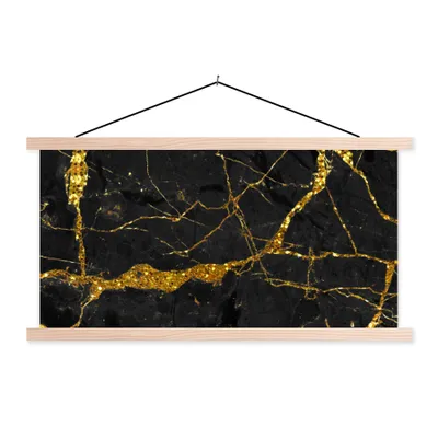 Produktbild von MuchoWow® Textilposter Marmor - Gold - Schwarz - Marmoroptik - Luxus - Glitzer 60x30 cm mit holzfarbenen Rahmen - Dekoration
