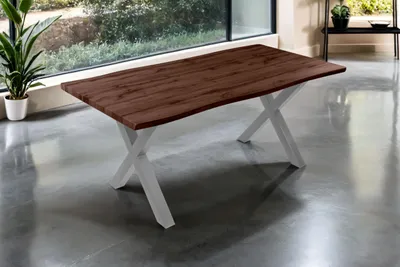 Produktbild von Esstisch Josy | 180 x 90 cm | Holz Nussbaum-Optik | X-Gestell Metall Silber | 40 mm Tischplatte mit Baumkante | Tisch für Esszimmer & Küche