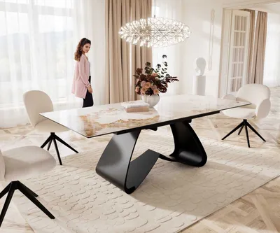 Produktbild von DELIFE Esstisch Edge 180-220x100 Keramik Minas Melange Weiß-Beige W-Gestell Schwarz ausziehbar