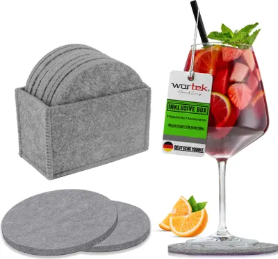 wortek Filz Untersetzer - Deko Tischset + Aufbewahrungsbox I für Gläser & Tisch, 10er Set I 10cm I Rund, Grau