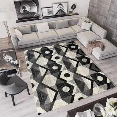 A modern living room with a sectional sofa, a patterned rug, and a coffee table.