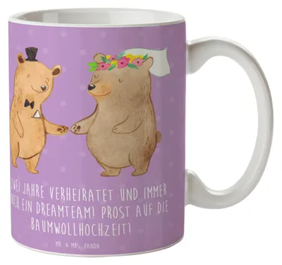 Produktbild von Mr. & Mrs. Panda Teetasse 2. Hochzeitstag Baumwollhochzeit - Lavendeltraum - Geschenk, Tasse mit Spruch, Geschenke, Heirat, schöne, Beziehung, feiern, Kaffeetasse, Becher