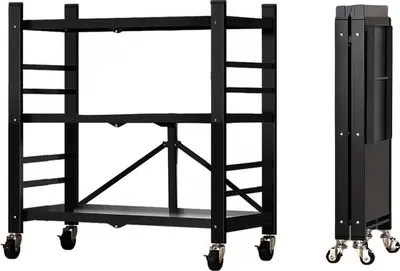 Produktbild von Aufbewahrungsregal - Klappbares Stahlregal mit Rollen - 3 Ebenen - Freistehend - Für Küche und Garage - Schwarz