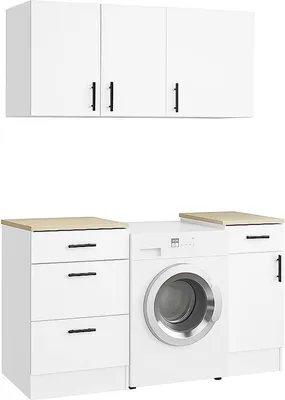 Produktbild von Set Möbel für Waschküche Lodrino, Moderne Waschküchenkomposition, Platzsparlösung für Waschbereich, Weiß und Eiche