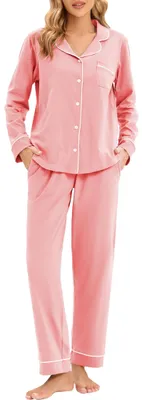 Produktbild von 100% Baumwoll-Pyjama-Set für Damen mit langen Ärmeln und Knopfleiste