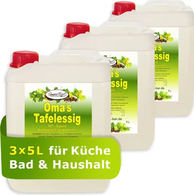 Produktbild von 3x 5L Oma`s Tafelessig 10% Säure / Geschmacks Sieger für die gute Küche / Biologisch gewonnen / Glanz im Bad / Entkalken ohne Chemie / Premium Haushaltsessig