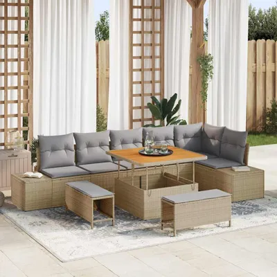 Zdjęcie produktu dla Maison Exclusive - Zestaw mebli ogrodowych, sofa i fotele, 9 elementów. Beżowy, wykonany z rattanu syntetycznego