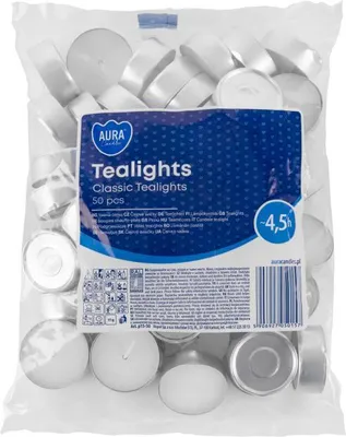 Zdjęcie produktu dla Podgrzewacze bezzapachowe tealight BISPOL Aura 4.5H CLASSIC 50szt.