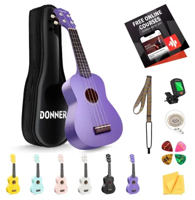 Produktbild von Donner Sopran Ukulele Set für Anfänger Erwachsene，Ukulele Starter Kit 21 Zoll Hawaii Gitarre - Tasche, Tuner, er Kurs, saiten, Pick