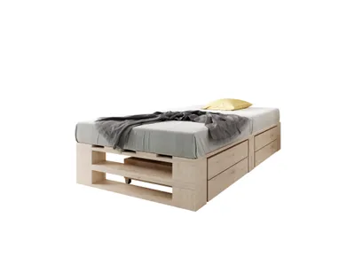 Produktbild von Lermowood Palettenbett M2 120 x 200 cm mit 2 Bettkästen Natur, Erhöhte Komforthöhe 40 cm, Massivholz